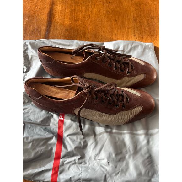 Authentic Prada Men's Size 9.5 Leather Low Trainers Brown w/Bag - Picture 4 of 14